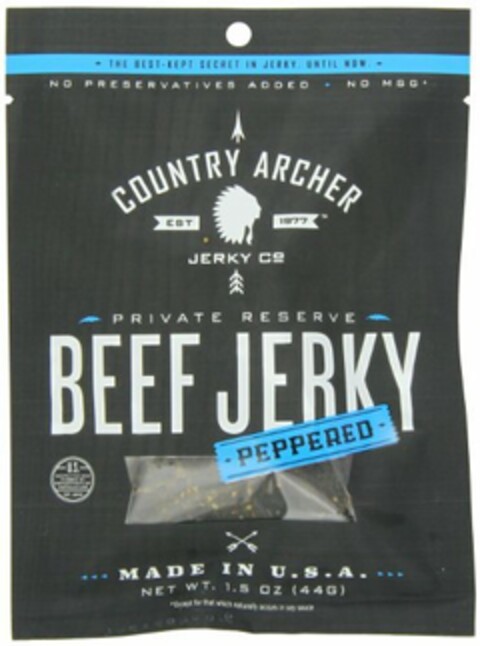 THE BEST-KEPT SECRET IN JERKY, UNTIL NOW. NO PRESERVATIVES ADDED NO MSG* COUNTRY ARCHER EST 1977 JERKY CO PRIVATE RESERVE BEEF JERKEY PEPPERED MADE IN U.S.A. NET WT. 3 OZ (88G) *EXCEPT FOR THAT WHICH NATURALLY OCCURS IN SOY SAUCE Logo (USPTO, 09/13/2016)