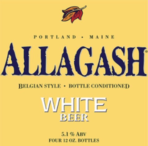 ALLAGASH WHITE BEER PORTLAND · MAINE BELGIAN STYLE · BOTTLE CONDITIONED 5.1% ABV FOUR 12 OZ. BOTTLES Logo (USPTO, 19.06.2014)