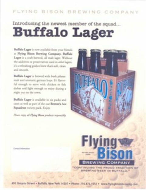 FLYING BISON BREWING CO. BUFFALO LAGER Logo (USPTO, 27.03.2009)