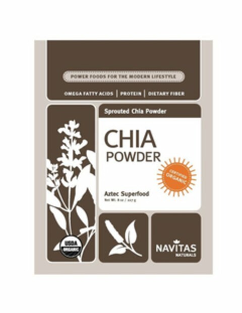 POWER FOODS FOR THE MODERN LIFESTYLE OMEGA FATTY ACIDS PROTEIN DIETARY FIBER SPROUTED CHIA POWDER CHIA POWDER AZTEC SUPERFOOD NAVITAS NATURALS CERTIFIED ORGANIC USDA ORGANIC Logo (USPTO, 07/29/2011)