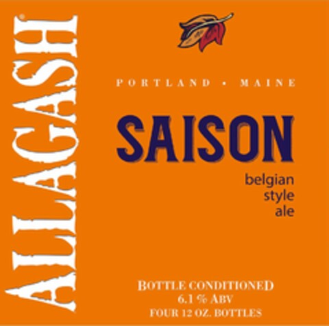 ALLAGASH SAISON PORTLAND · MAINE BELGIAN STYLE ALE BOTTLE CONDITIONED 6.1% ABV FOUR 12 OZ. BOTTLES Logo (USPTO, 06/19/2014)