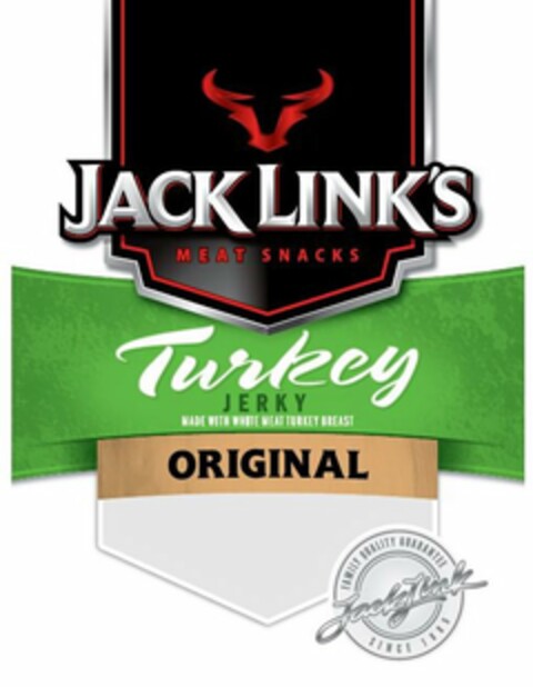 JACK LINK'S MEAT SNACKS TURKEY JERKY MADE WITH WHITE MEAT TURKEY BREAST ORIGINAL FAMILY QUALITY GUARANTEE JACK LINK SINCE 1885 Logo (USPTO, 07.10.2014)