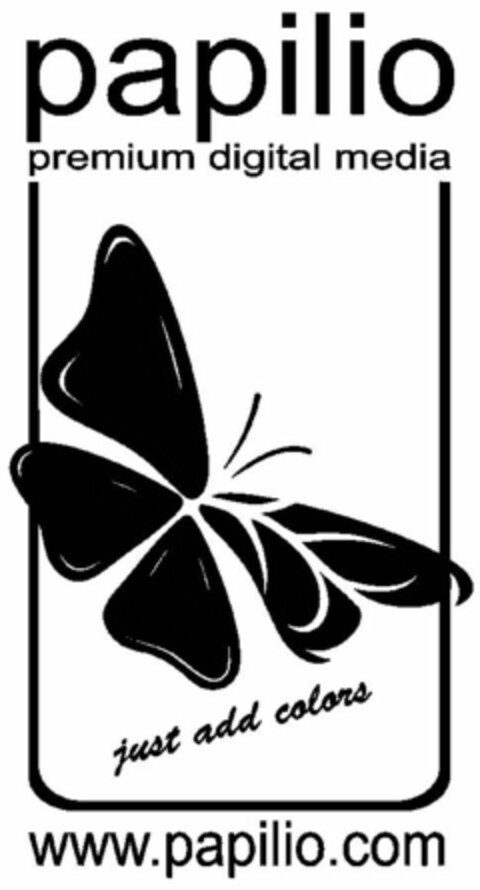 PAPILIO PREMIUM DIGITAL MEDIA JUST ADD COLORS WWW.PAPILIO.COM Logo (USPTO, 30.03.2011)