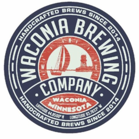 WACONIA BREWING · COMPANY · N W E HANDCRAFTED BREWS SINCE 2014 WACONIA MINNESOTA LATITUDE 44.8500° N LONGITUDE 93.7833° W Logo (USPTO, 29.03.2019)