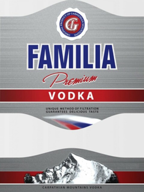 FAMILIA, PREMIUM, VODKA, G, F, ORIGINAL PRODUCT OF CARPATHIAN MOUNTAINS, UNIQUE METHOD OF FILTRATION GUARANTEES DELICIOUS TASTE, CARPATHIAN MOUNTAINS VODKA Logo (USPTO, 23.06.2014)