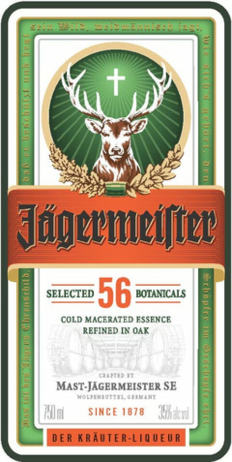 JÄGERMEISTER SELECTED 56 BOTANICALS COLD MACERATED ESSENCE REFINED IN OAK CRAFTED BY MAST-JÄGERMEISTER SE WOLFENBÜTTEL GERMANY SINCE 1878 DER KRÄUTER-LIQUEUR Logo (USPTO, 23.02.2016)