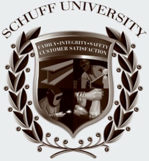 SCHUFF UNIVERSITY FAMILY · INTEGRITY · SAFETY CUSTOMER SATISFACTION Logo (USPTO, 01.04.2016)