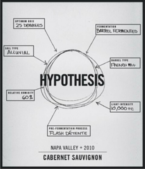 HYPOTHESIS NAPA VALLEY CABERNET SAUVIGNON PRE-FERMENTATION PROCESS FLASH DÉTENTE RELATIVE HUMIDITY SOIL TYPE ALLUVIAL OPTIMUM BRIX DEGREES FERMENTATION BARREL FERMENTED BARREL TYPE FRENCH LIGHT INTESNSITY Logo (USPTO, 25.04.2012)