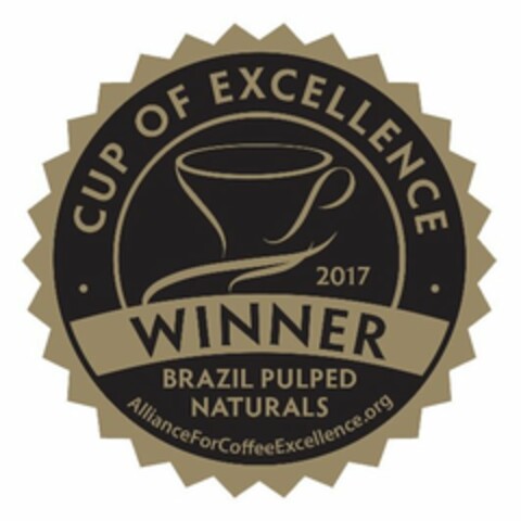 · CUP OF EXCELLENCE · WINNER 2017 BRAZIL PULPLED NATURALS ALLIANCEFORCOFFEEEXCELLENCE.ORG Logo (USPTO, 05/03/2017)