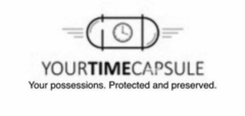 IMAGE OF CAPSULE WITH THE CLOCK IN THE MIDDLE YOUR TIME CAPSULE WRITTEN UNDER THE IMAGE AND SLOGON "YOUR POSSESSIONS. PROTECTED AND PRESERVED." Logo (USPTO, 07/10/2020)