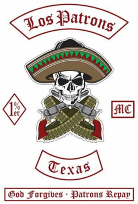 LOS PATRONS MC 1%ER TEXAS GOD FORGIVES · PATRONS PAY Logo (USPTO, 15.09.2014)