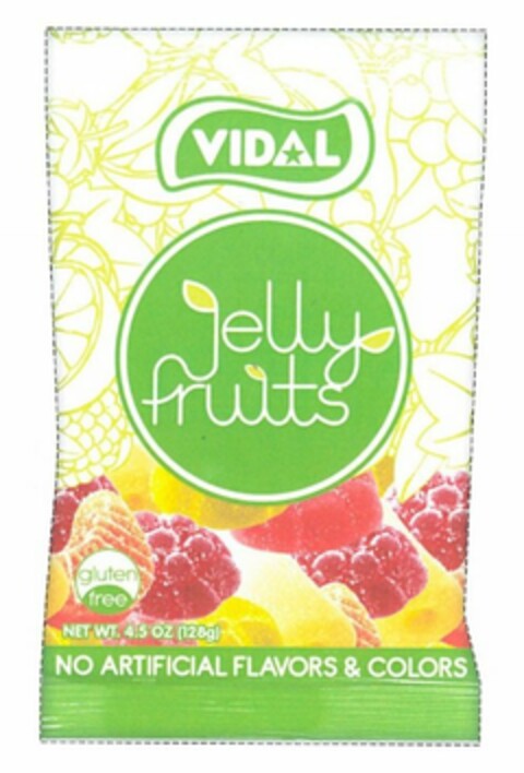 VIDAL JELLY FRUITS GLUTEN FREE NET WT. 4.5 OZ (128G) NO ARTIFICIAL FLAVORS & COLORS Logo (USPTO, 07/02/2015)