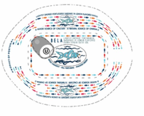 BELA U WILD CAUGHT-ALL NATURAL-PACKED FRESH LIGHTLY SMOKED PORTUGUESE SARDINES IN OLIVE OIL SOURCE OF CALCIUM A NATURAL SOURCE OF OMEGA-3 PRODUCT OF PORTUGAL Logo (USPTO, 01/21/2015)