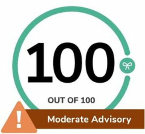 100 OUT OF 100 ! MODERATE ADVISORY Logo (USPTO, 28.07.2020)