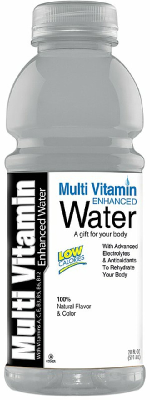 MULTI VITAMIN ENHANCED WATER WITH VITAMINS A, C, E, B3, B5, B6, B12 A GIFT FOR YOUR BODY LOW CALORIES WITH ADVANCED ELECTROLYTES & ANTIOXIDANTS TO REHYDRATE YOUR BODY 100% NATURAL FLAVOR Logo (USPTO, 04.08.2009)