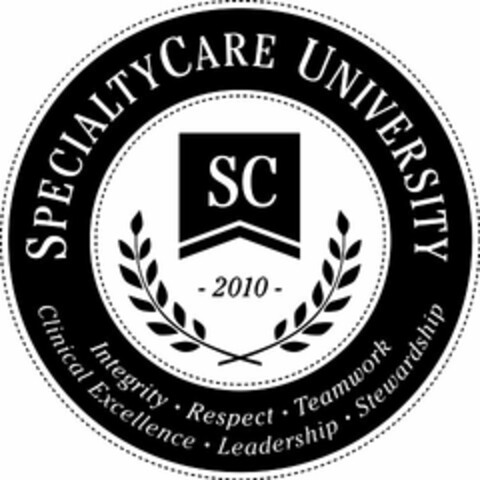 SPECIALTYCARE UNIVERSITY SC - 2010 - INTEGRITY · RESPECT · TEAMWORK CLINICAL EXCELLENCE · LEADERSHIP · STEWARDSHIP Logo (USPTO, 12/30/2010)