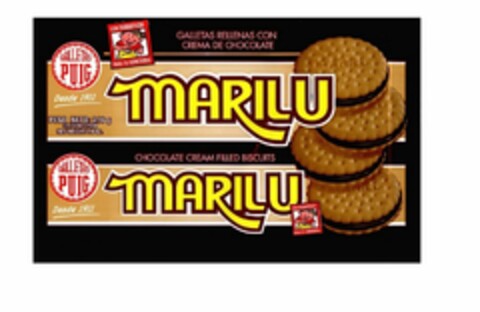 GALLETAS PUIG DESDE 1911 CON PAQUETITOSPARA TU LONCHERA GALLETAS RELLENAS CON CREMA DE CHOCOLATE MARILU GALLETAS PUIG DESDE 1911 CHOCOLATE CREAM FILLED BISCUITS MARILU CON PAQUETITOS PARA SU LONCHERA Logo (USPTO, 08/27/2015)