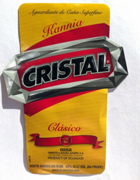 AGUARDIENTE DE CANA SUPERFINO KANNIA CRISTAL CLASICO EASA EMBOTELLADORA AZUAYA S.A. AN ISO 9001 CERTIFIED COMPANY PRODUCT OF ECUADOR SOUTH AMERICAN RUM 42% ALC/VOL (84 PROOF) Logo (USPTO, 28.08.2015)