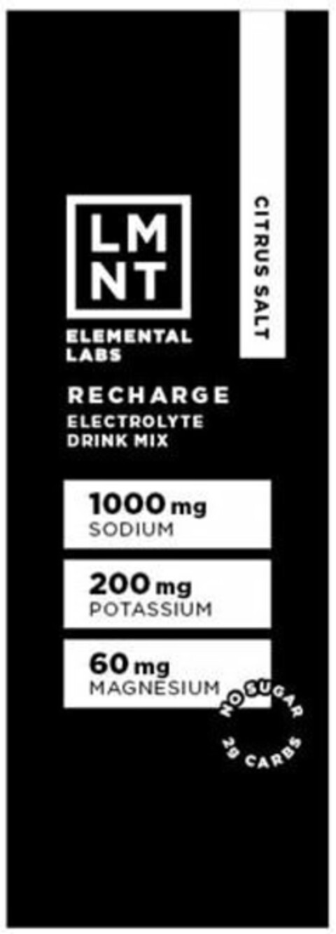 LMNT ELEMENTAL LABS CITRUS SALT RECHARGE ELECTROLYTE DRINK MIX 1000 MG SODIUM 200 MG POTASSIUM 60 MG MAGNESIUM NO SUGAR 2G CARBS Logo (USPTO, 09/24/2019)