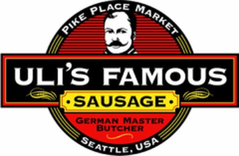 ULI'S FAMOUS SAUSAGE GERMAN MASTER BUTCHER PIKE PLACE MARKET SEATTLE, USA Logo (USPTO, 07/21/2014)