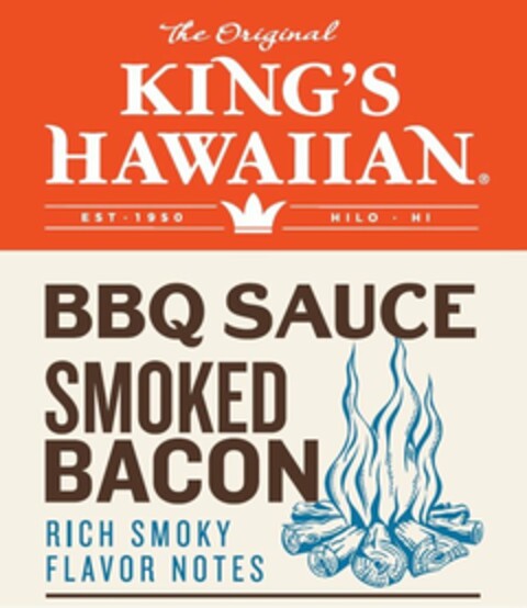 THE ORIGINAL KING'S HAWAIIAN EST 1950 HILO · HI BBQ SAUCE SMOKED BACON RICH SMOKY FLAVOR NOTES Logo (USPTO, 03.05.2016)