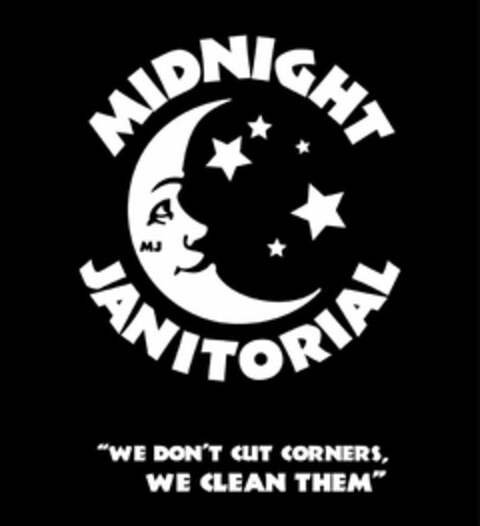 MIDNIGHT JANITORIAL MJ "WE DON'T CUT CORNERS, WE CLEAN THEM" Logo (USPTO, 06/16/2011)