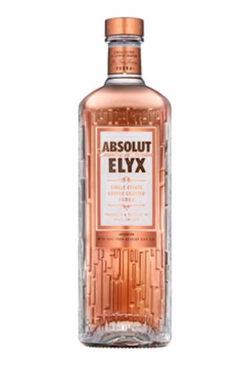 ABSOLUT ELYX SINGLE ESTATE & COPPER CRAFTED FOR TRUE LUXURY VODKA ABSOLUT COUNTRY OF SWEDEN ELYX SINGLE ESTATE COPPER CRAFTED VODKA PRODUCED & BOTTLED IN ÅHUS SWEDEN IMPORTED WITH LOVE FROM ABSOLUT ELYX XXX Logo (USPTO, 11.09.2019)