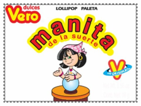 DULCES VERO MANITA DE LA SUERTE LOLLIPOP PALETA V THE ORIGINAL Logo (USPTO, 13.02.2015)