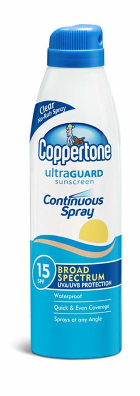 COPPERTONE ULTRAGUARD SUNSCREEN CLEAR NO-RUB SPRAY CONTINUOUS SPRAY BROAD SPECTRUM UVA/UVB PROTECTION WATERPROOF QUICK & EVEN COVERAGE SPRAYS AT ANY ANGLE Logo (USPTO, 07.07.2009)