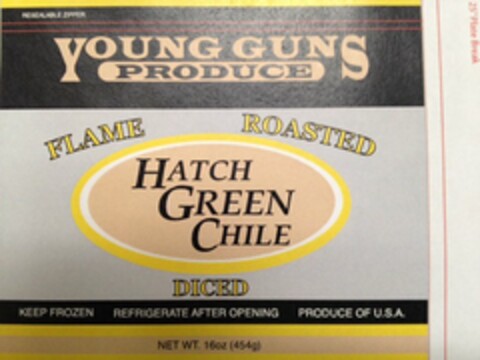 YOUNG GUNS PRODUCE HATCH GREEN CHILE FLAME ROASTED DICED Logo (USPTO, 03/18/2014)