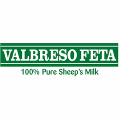 VALBRESO FETA 100% PURE SHEEP'S MILK Logo (USPTO, 24.04.2014)