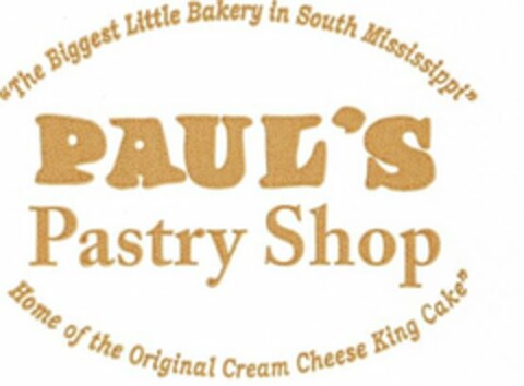 PAUL'S PASTRY SHOP "THE BIGGEST LITTLE BAKERY IN SOUTH MISSISSIPPI" HOME OF THE ORGINIAL CREAM CHEESE KING CAKE" Logo (USPTO, 06/30/2014)