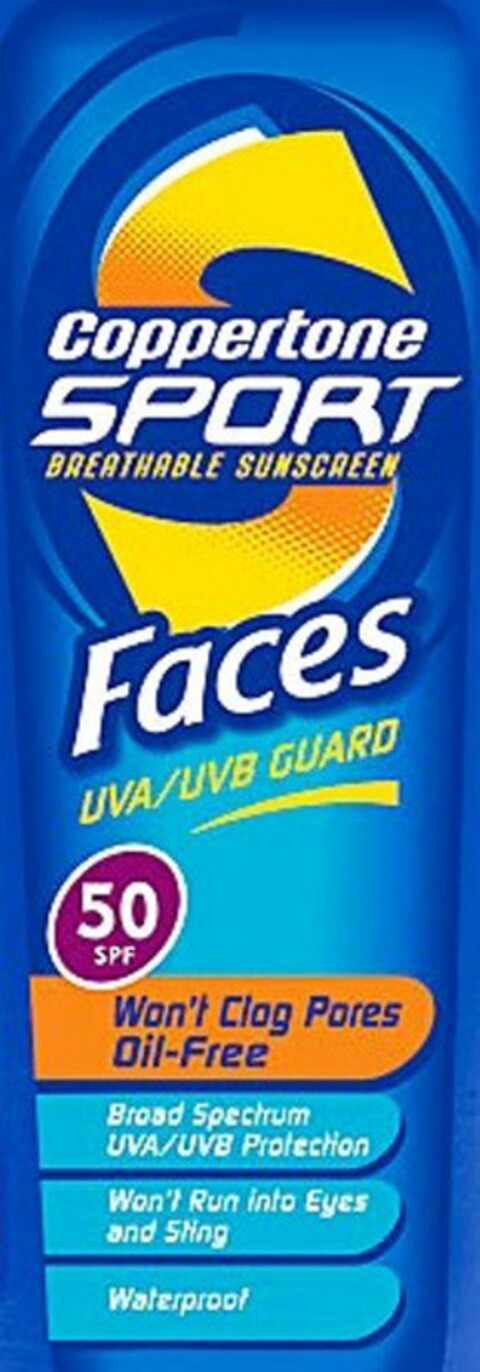 S COPPERTONE SPORT BREATHABLE SUNSCREEN FACES UVA/UVB GUARD WON'T CLOG PORES OIL-FREE BROAD SPECTRUM UVA/UVB PROTECTION WON'T RUN INTO EYES AND STING WATERPROOF Logo (USPTO, 06.07.2009)