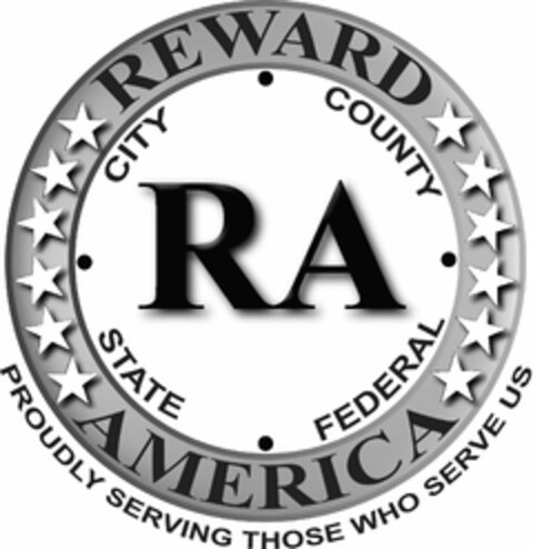 RA REWARD AMERICA CITY. COUNTY. STATE. FEDERAL PROUDLY SERVING THOSE WHO SERVE US Logo (USPTO, 06/19/2014)