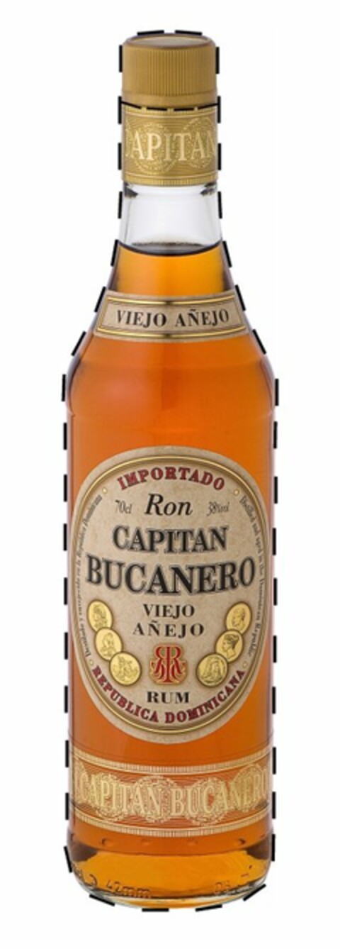 CAPITAN VIEJO AÑEJO IMPORTADO RON CAPITAN BUCANERO VIEJO AÑEJO RUM REPUBLICA DOMINICANA DESTILADO Y ENVEJECIDO EN LA REPUBLICA DOMINICA DISTILLED AND AGED IN THE DOMINICAN REPUBLIC CAPITAN BUCANERO Logo (USPTO, 18.03.2016)