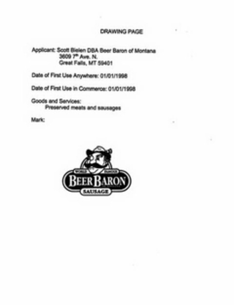 WORLD FAMOUS BEER BARON SAUSAGE OF MONTANA Logo (USPTO, 04.06.2009)