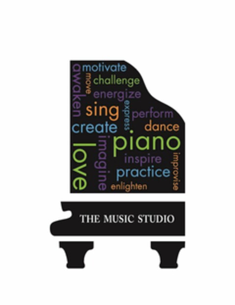 THE MUSIC STUDIO AWAKEN MOTIVATE MOVE CHALLENGE ENERGIZE SING EXPRESS PERFORM CREATE DANCE LOVE IMAGINE PIANO INSPIRE IMPROVISE PRACTICE ENLIGHTEN Logo (USPTO, 05.08.2014)