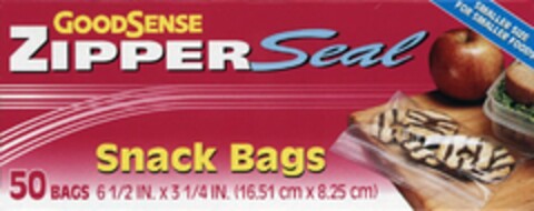 GOODSENSE ZIPPER SEAL SNACK BAGS 50 BAGS6 1/2 IN. X 3 1/4 IN. (16.51 CM X 8.25 CM) SMALLER SIZE FOR SMALLER FOODS Logo (USPTO, 23.04.2012)