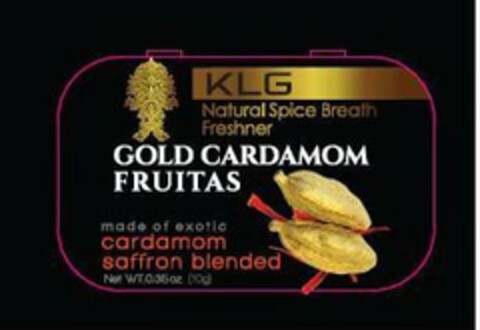 KLG NATURAL SPICE BREATH FRESHNER GOLD CARDAMON FRUITAS MADE OF EXOTIC CARDAMON SAFFRON BLENDED Logo (USPTO, 23.06.2017)