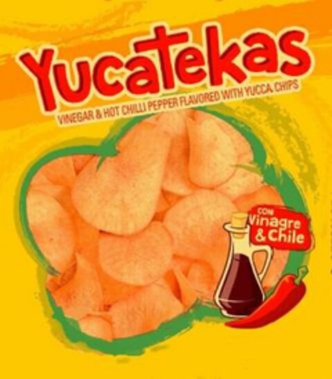 YUCATEKAS VINEGAR & HOT CHILLI PEPPER FLAVORED WITH YUCCA CHIPS CON VINAGRE & CHILE Logo (USPTO, 06/13/2018)