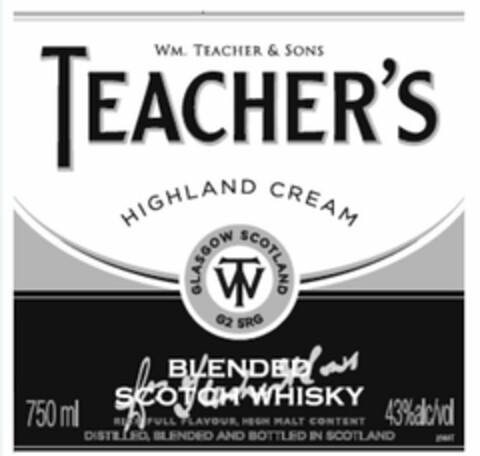 WM. TEACHER & SONS TEACHER'S HIGHLAND CREAM GLASGOW SCOTLAND WT BLENDED SCOTCH WHISKY RICH FULL FLAVOUR, HIGH MALT CONTENT DISTILLED, BLENDED AND BOTTLED IN SCOTLAND Logo (USPTO, 01.11.2013)