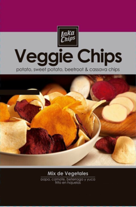 INKA CHIPS VEGGIE CHIPS POTATO, SWEET POTATO, BEETROOT & CASSAVA CHIPS MIX DE VEGETALES PAPA, CAMOTE, BETERRAGA Y YUCA FRITO EN HOJUELAS Logo (USPTO, 06.04.2014)