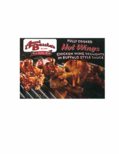 AUNT BESSIE'S EST. 1958 FINEST QUALITY MEATS FULLY COOKED HOT WINGS CHICKEN WING SEGMENTS IN BUFFALO STYLE SAUCE Logo (USPTO, 09/26/2019)