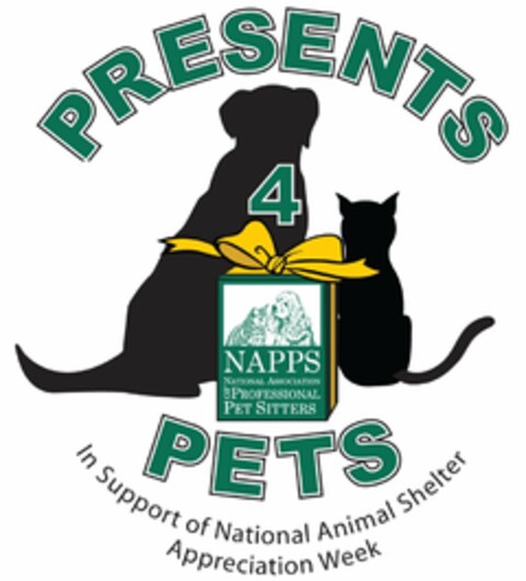 PRESENTS 4 PETS NAPPS NATIONAL ASSOCIATION OF PROFESSIONAL PET SITTERS IN SUPPORT OF NATIONAL ANIMAL SHELTER APPRECIATION WEEK Logo (USPTO, 01/20/2009)