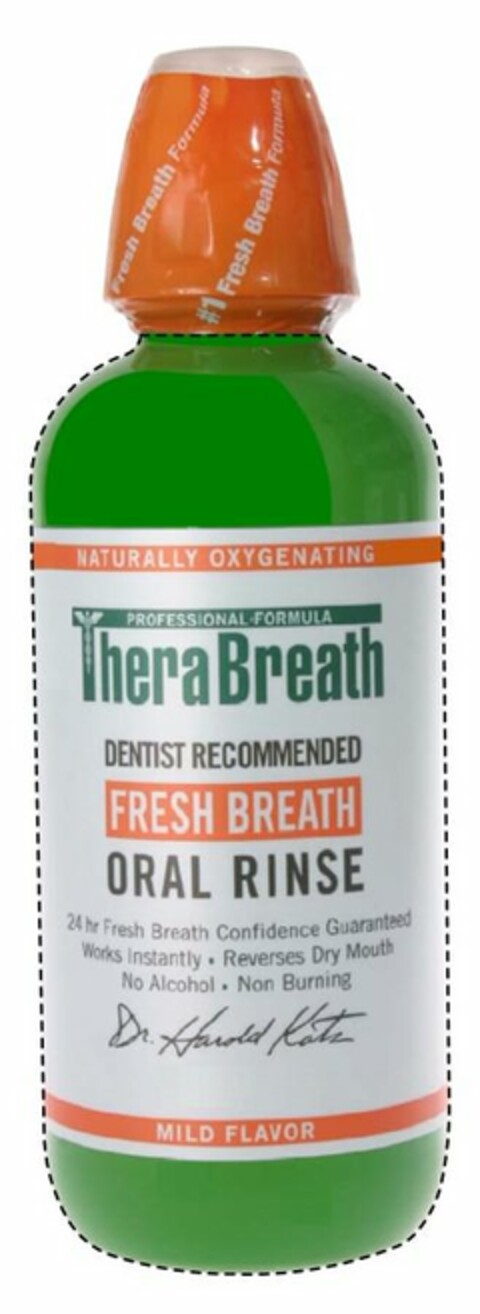 NATURALLY OXYGENATING THERA BREATH PROFESSIONAL FORMULA DENTIST RECOMMENDED FRESH BREATH ORAL RINSE 24 HR FRESH BREATH CONFIDENCE GUARANTEED WORKS INSTANTLY · REVERSES DRY MOUTH NO ALCOHOL · NON BURNING DR. HAROLD KATZ MILD FLAVOR #1 FRESH BREATH FORMULA Logo (USPTO, 07/13/2010)