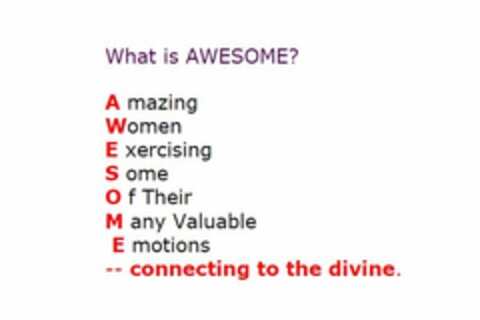 WHAT IS AWESOME AMAZING WOMEN EXERCISING SOME OF THEIR MANY VALUABLE EMOTIONS CONNECTING TO THE DIVINE Logo (USPTO, 14.09.2010)