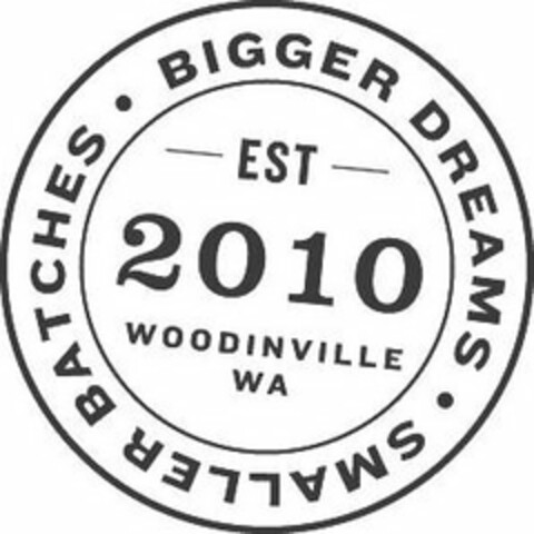 · SMALLER BATCHES · BIGGER DREAMS EST 2010 WOODINVILLE WA Logo (USPTO, 30.03.2018)