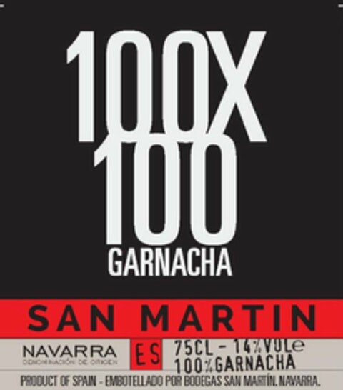 100X100 GARNACHA SAN MARTÍN NAVARRA DENOMINACIÓN DE ORIGEN ES 75 CL 14% VOL. 100% GARNACHA PRODUCT OF SPAIN - EMBOTELLADO POR BODEGAS SAN MARTÍN. NAVARRA. Logo (USPTO, 06/11/2020)