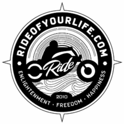 RIDEOFYOURLIFE.COM RIDE 2010 ENLIGHTENMENT · FREEDOM · HAPPINESS Logo (USPTO, 30.07.2010)