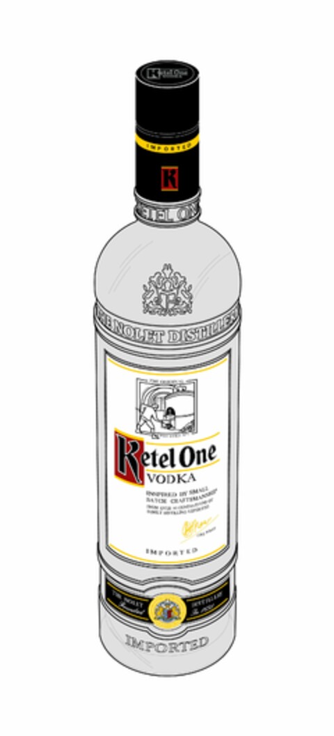 KETEL ONE VODKA IMPORTED K KETEL ONE THE NOLET DISTILLERY THE ORIGINAL POT STILL NO.1 KETEL ONE VODKA INSPIRED BY SMALL BATCH CRAFTSMANSHIP FROM OVER 10 GENERATIONS OF FAMILY DISTILLING EXPERTISE C.H.J. NOLET IMPORTED THE NOLET FAMILY DISTILLERY FOUNDED IN 1691 IMPORTED Logo (USPTO, 11/16/2012)